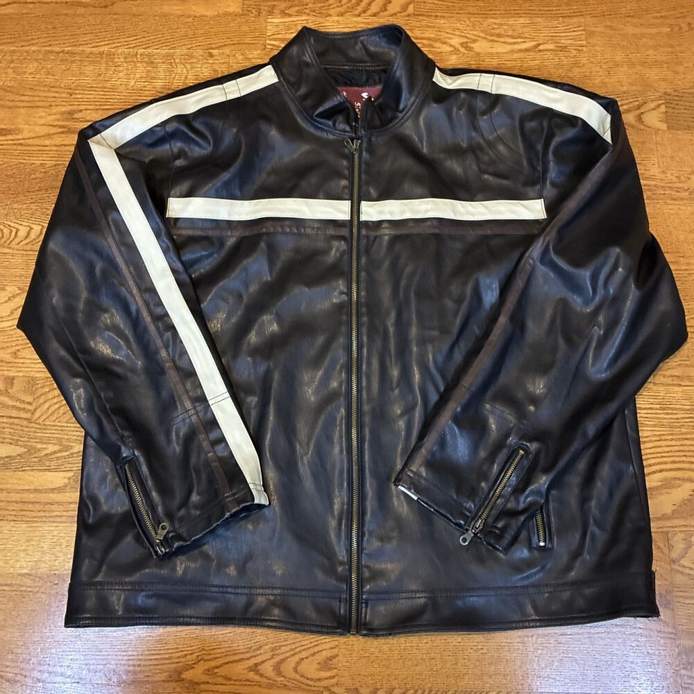Machine Men's Black Striped cream/brown Leather Like Bomber Jacket XL
